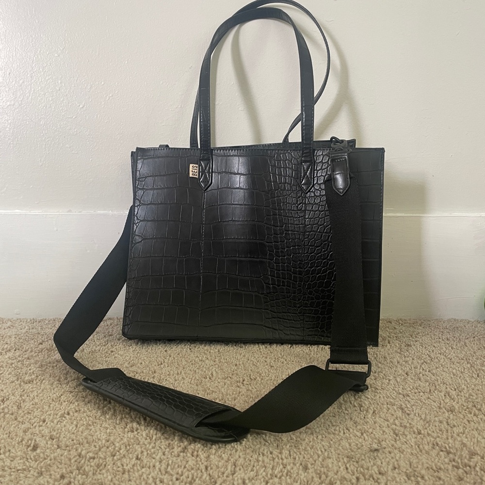 BÉIS Work Tote Black Croc Embossed Laptop Bag with Strap & Pouch